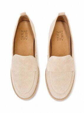 Naturalizer 6.5 Wide Suede Loafer – Beige Slip-On Comfort Flat, Leather Upper